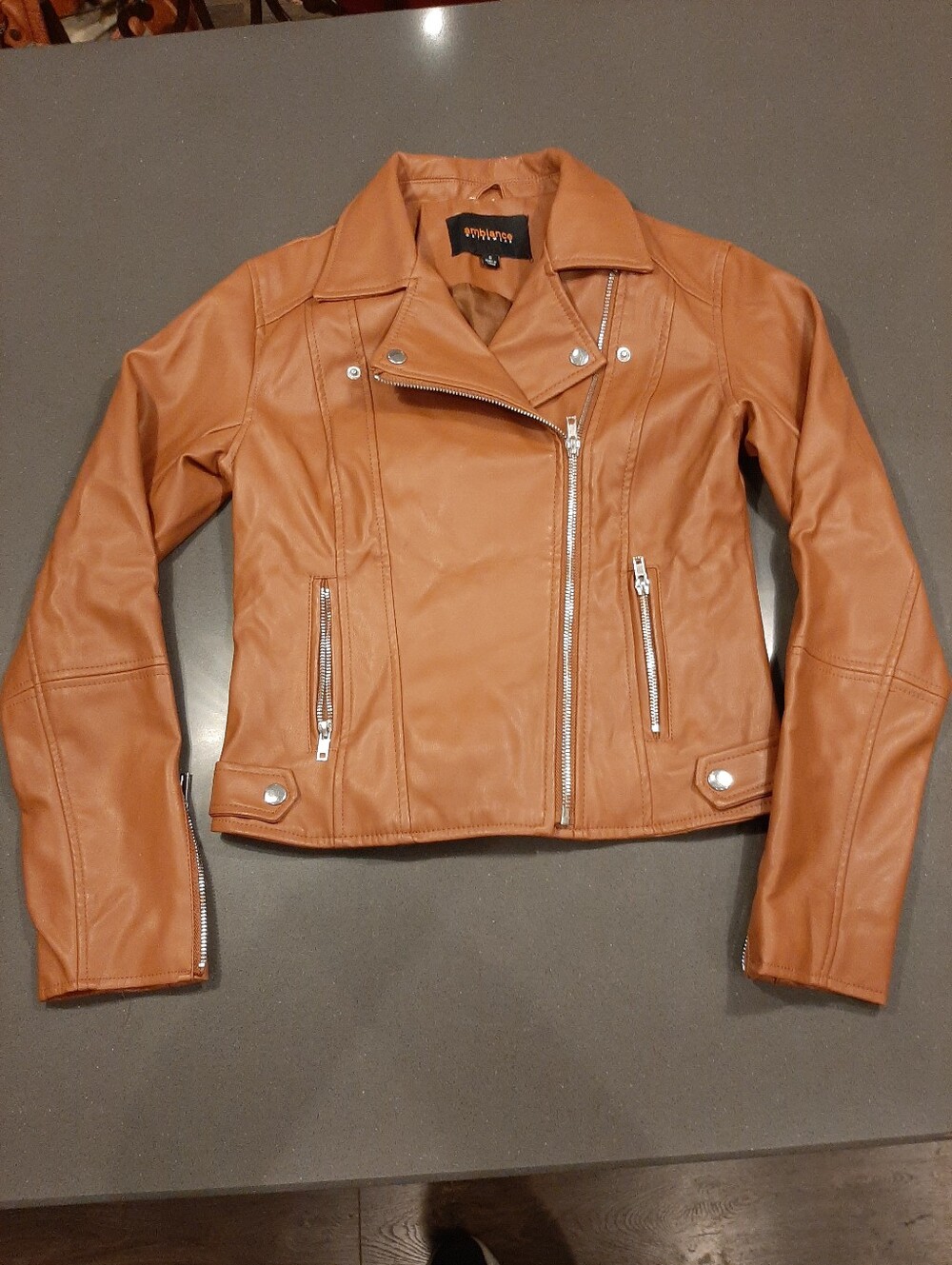 Ambiance Women’s S Cognac Brown Faux Leather Moto Biker Jacket Zip